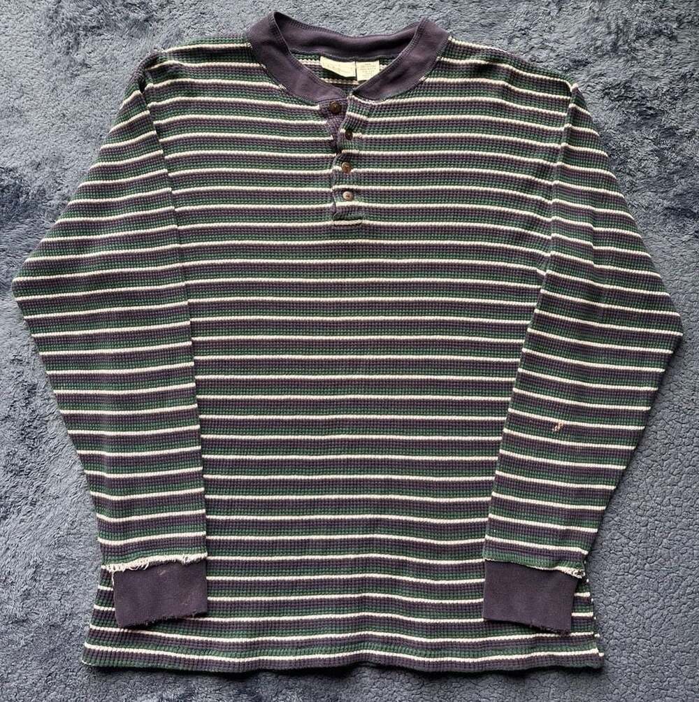 Vintage 80’s L.L. Bean Striped Thermal Waffle Knit Long Sleeve Henley Shirt